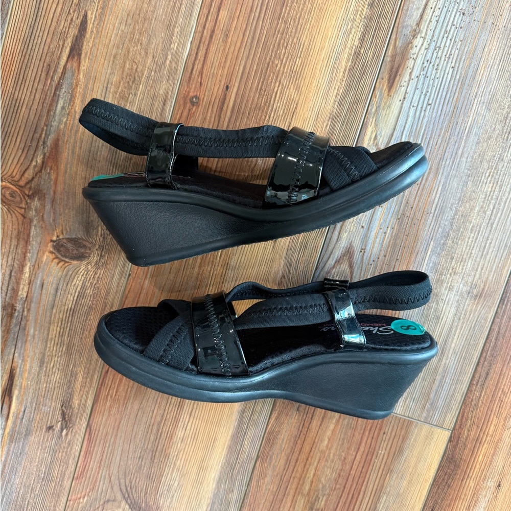 Skechers Cali Rumblers Black Patent strappy wedge